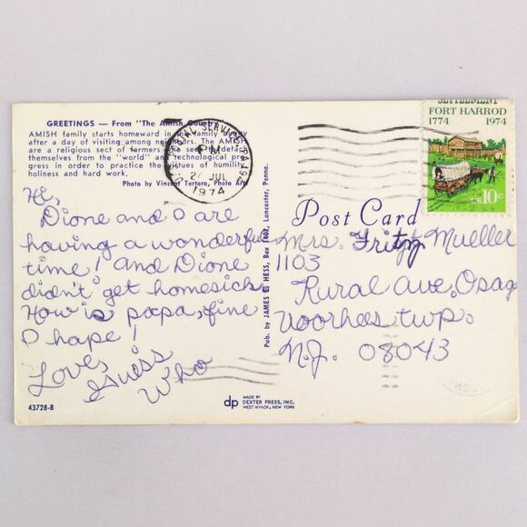 Amish Country Horse & Buggy Family 1970s Postcard Lancaster PA 1974 Photo - Picture 2 of 2